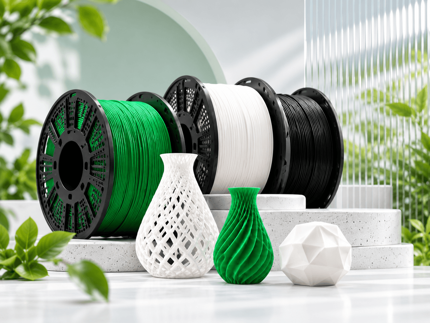 Green, white and black 3D printing filaments and printed models